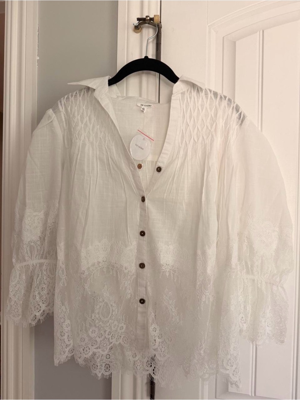 Women's White Lace-Trim Button Blouse